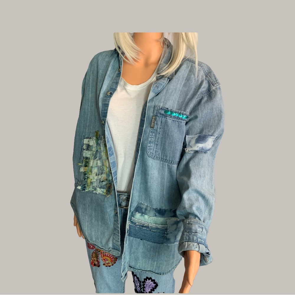 Light Blue Denim Button-Down Shirt Jacket with Patchwork